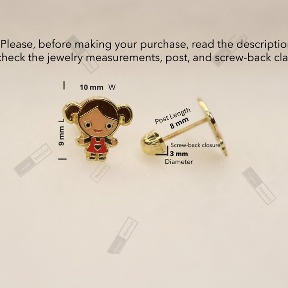Enamel Girl Stud Earrings For Kids In Solid 14K Gold • Jewelry For Girls. - Picture 15 of 15